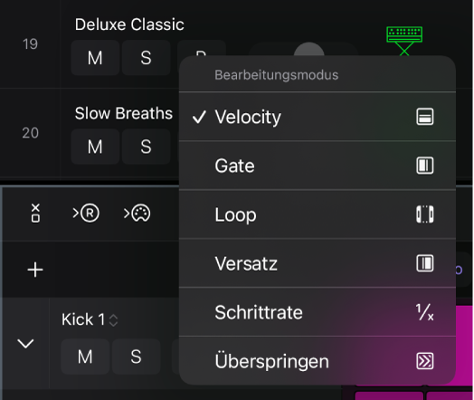 Abbildung. Auswählen eines Bearbeitungsmodus für die Unterzeile.