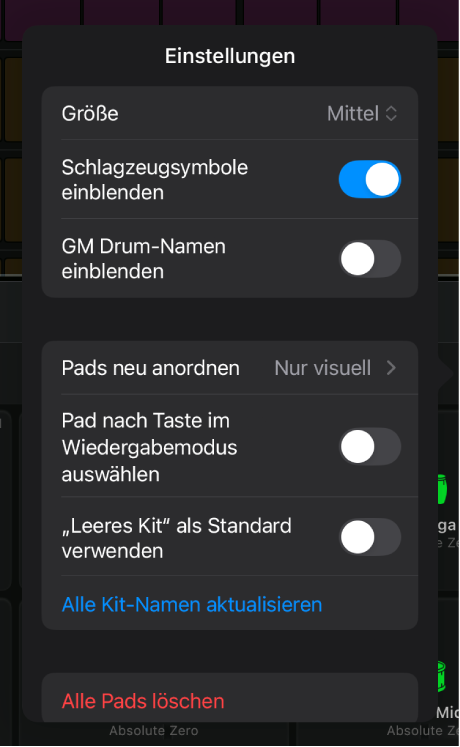 Spieloberflächeneinstellungen von Drum Machine Designer.