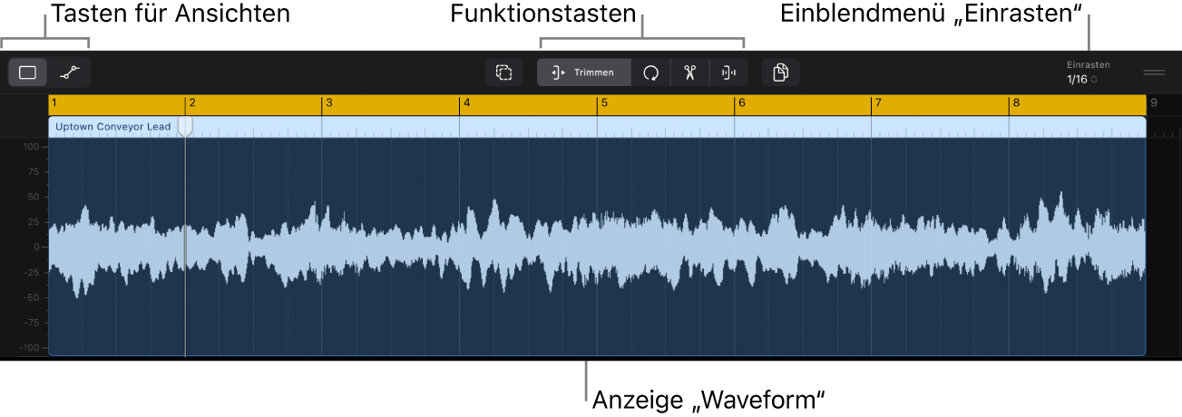 Abbildung. Der Audioeditor mit der Wellenform einer Audioregion.