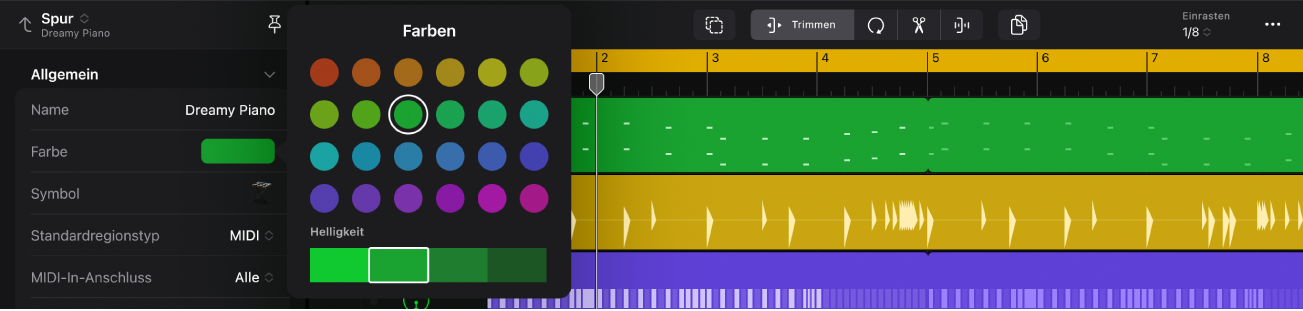 Abbildung. Das geöffnete Informationsfenster mit der Farbpalette und der ausgewählten Spur im Bereich „Spuren“.