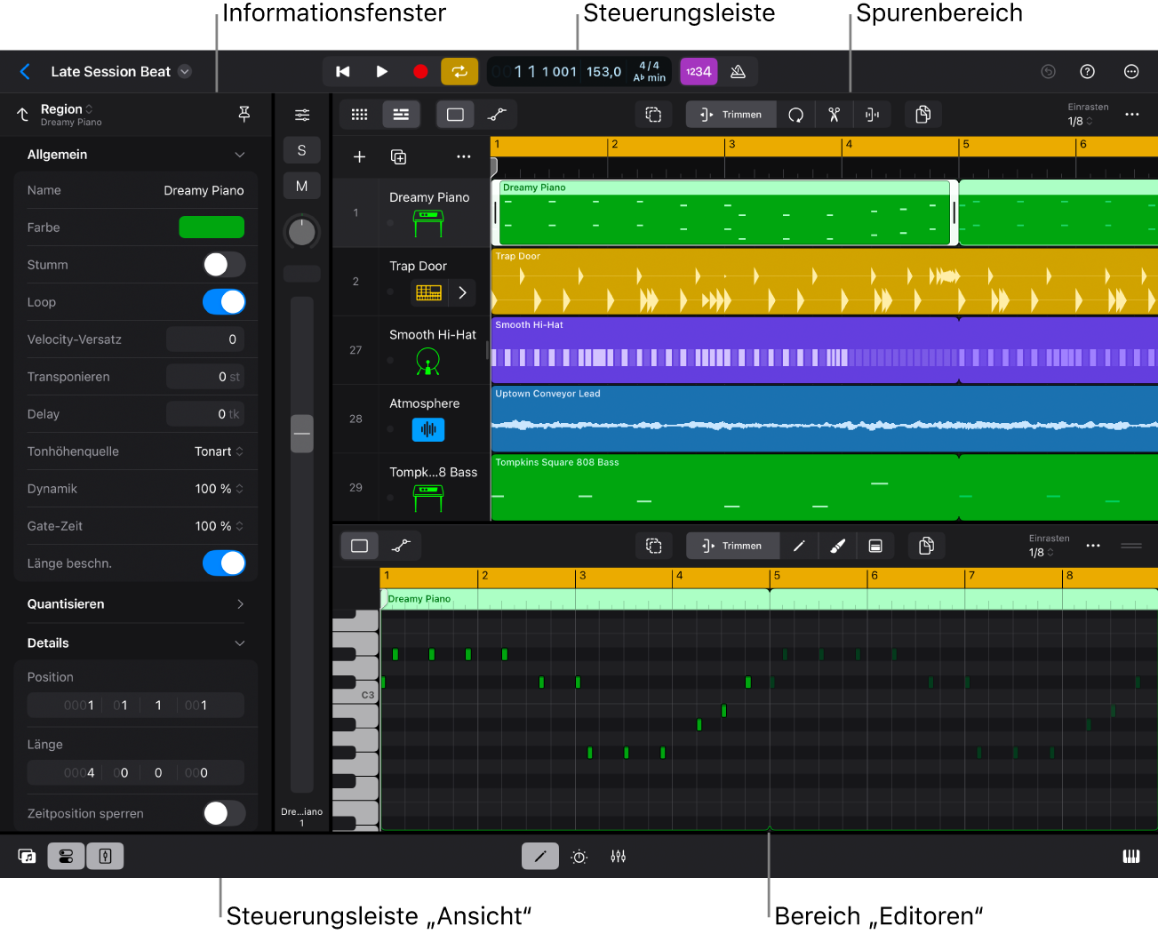 Abbildung. Logic Pro-Oberfläche mit dem Bereich „Spuren“, einem Informationsfenster und dem Pianorolleneditor.