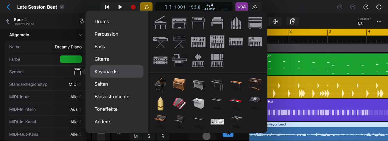 Abbildung. Das geöffnete Informationsfenster mit dem Menü für Spursymbole und der ausgewählten Spur im Bereich „Spuren“.