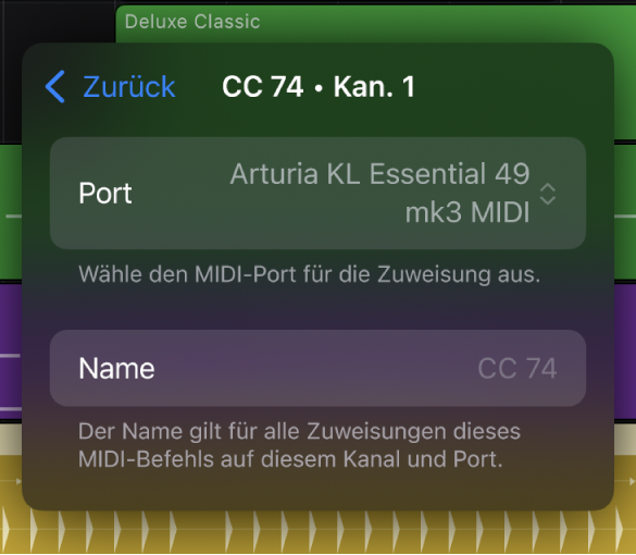 Abbildung. Die Einstellungen für die MIDI-Steuerung im Dialog „MIDI lernen“.