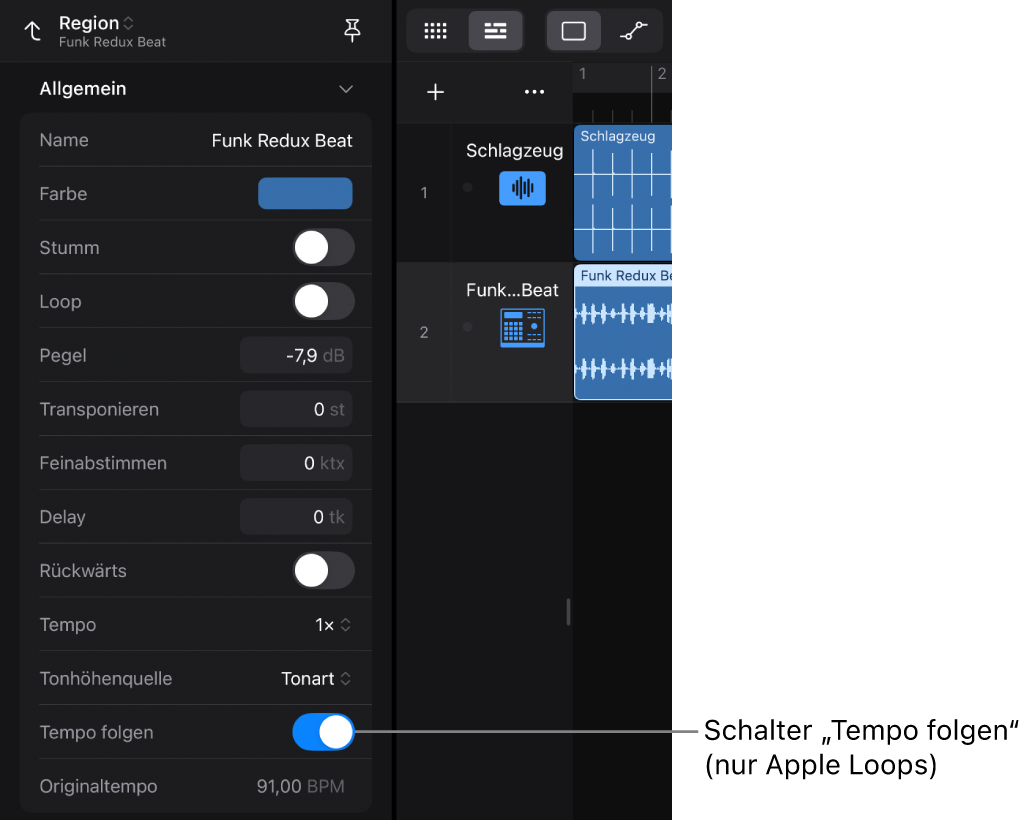 Abbildung. Das Informationsfenster „Region“ zeigt den Schalter „Tempo folgen“ für Apple Loops für Audio.