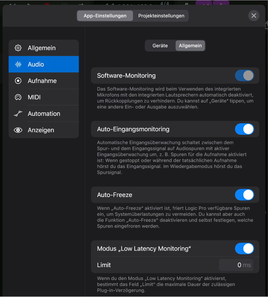 Abbildung. Der Bereich „Allgemein“ der Audioeinstellungen.