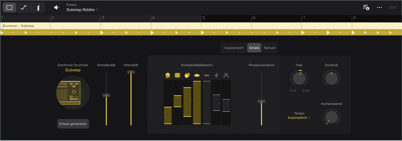 Abbildung. Der Session Player-Editor mit der Detailansicht des elektronischen Drummer