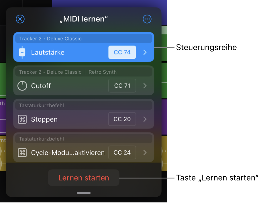 Abbildung. Der Dialog „MIDI lernen“ zeigt die Steuerungsreihe und die Taste „Lernen starten“.