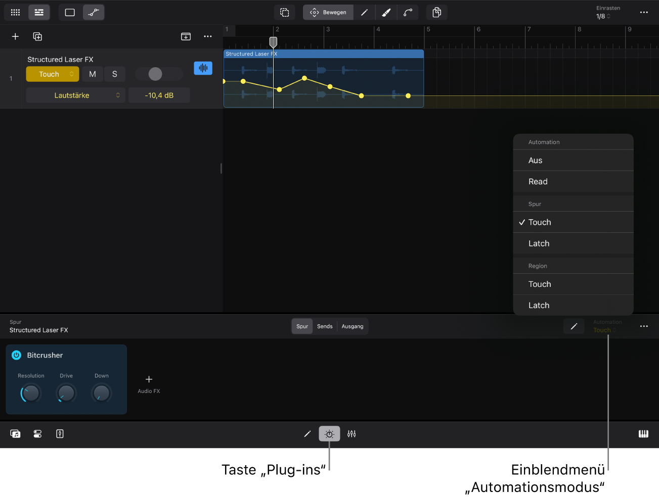 Abbildung. Das Einblendmenü „Automationsmodus“ im Bereich „Plug-.ins“.