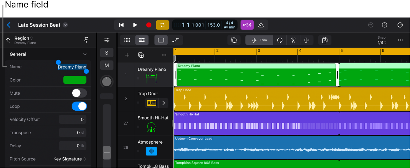 Region selected and inspector open, with Region Name field highlighted.