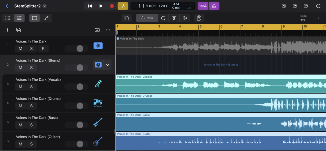 Figure. The Tracks area showing the selected audio region and the summing stack with stems as audio regions in subtracks.