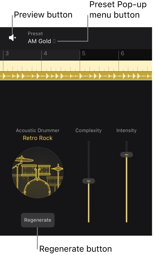 Figure. The Preview button, the Preset Pop-up menu button, and the Regenerate button in the Session Player Editor.
