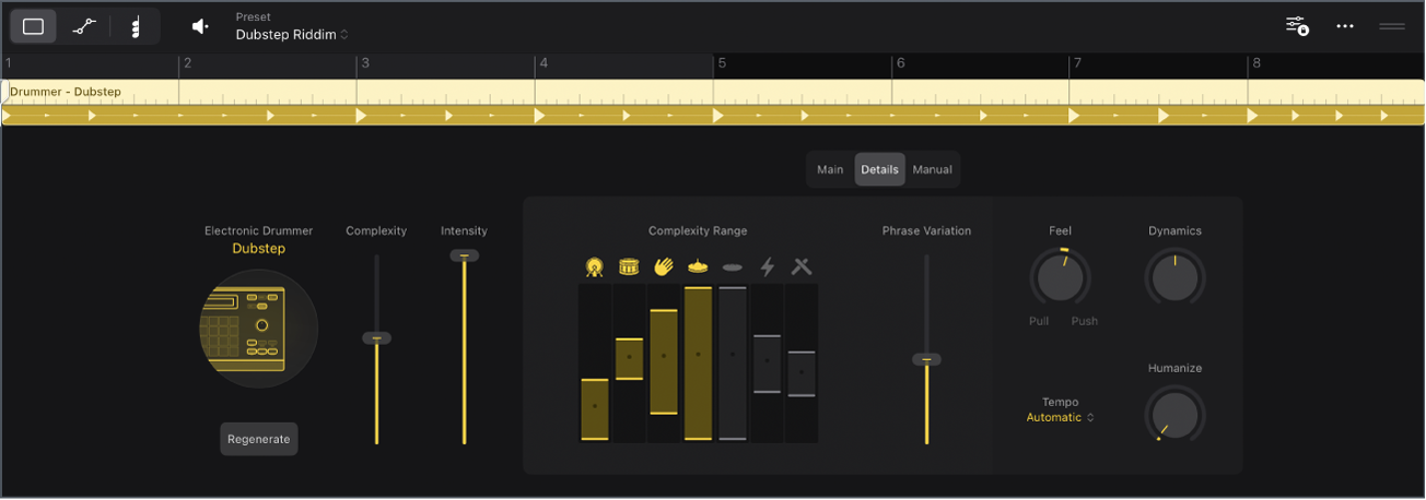 Figure. The Session Player Editor showing the Details view of the electronic Drummer.