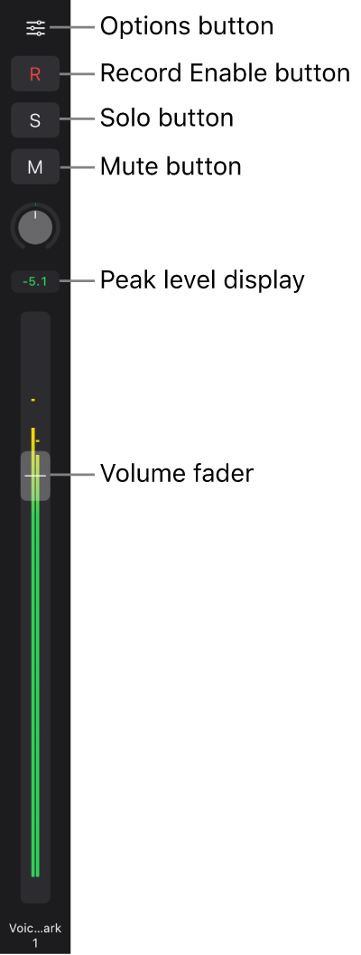 Figure. Fader showing Options button, Record Enable, Solo, and Mute buttons, Pan/Balance knob, and level meter.