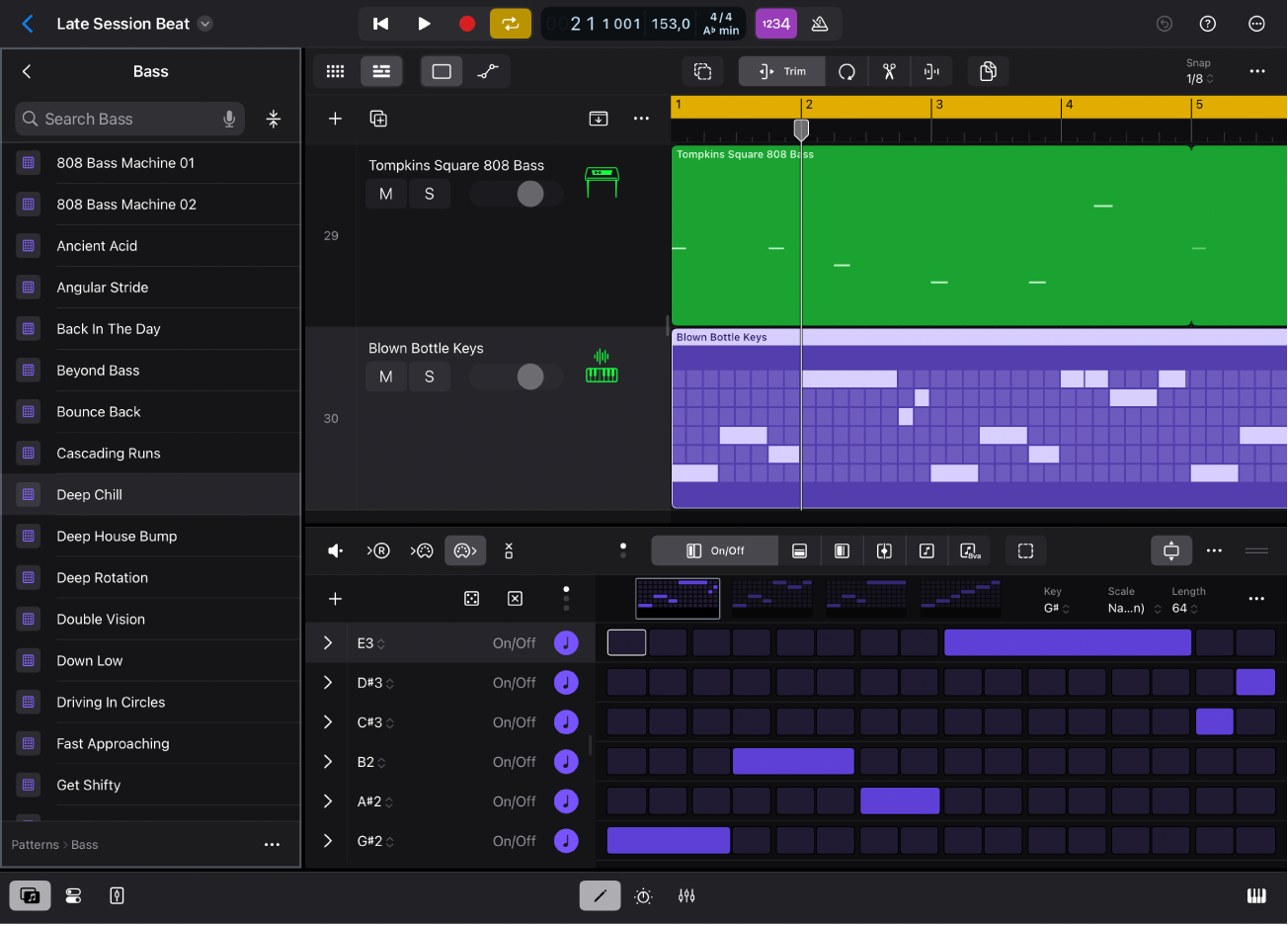 Figure. Logic Pro for iPad showing Patterns view in the Browser.