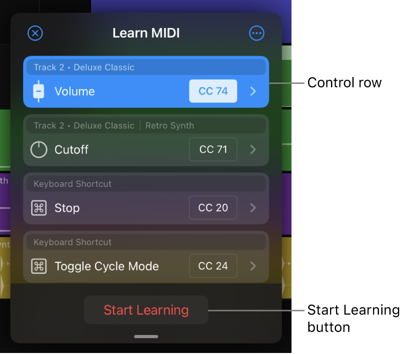 Figure. The Learn MIDI dialog showing control rows and the Start Learning button.