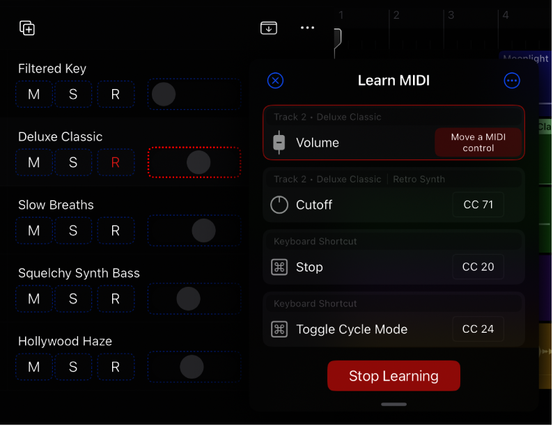 Figure. Creating an assignment in the Learn MIDI dialog.