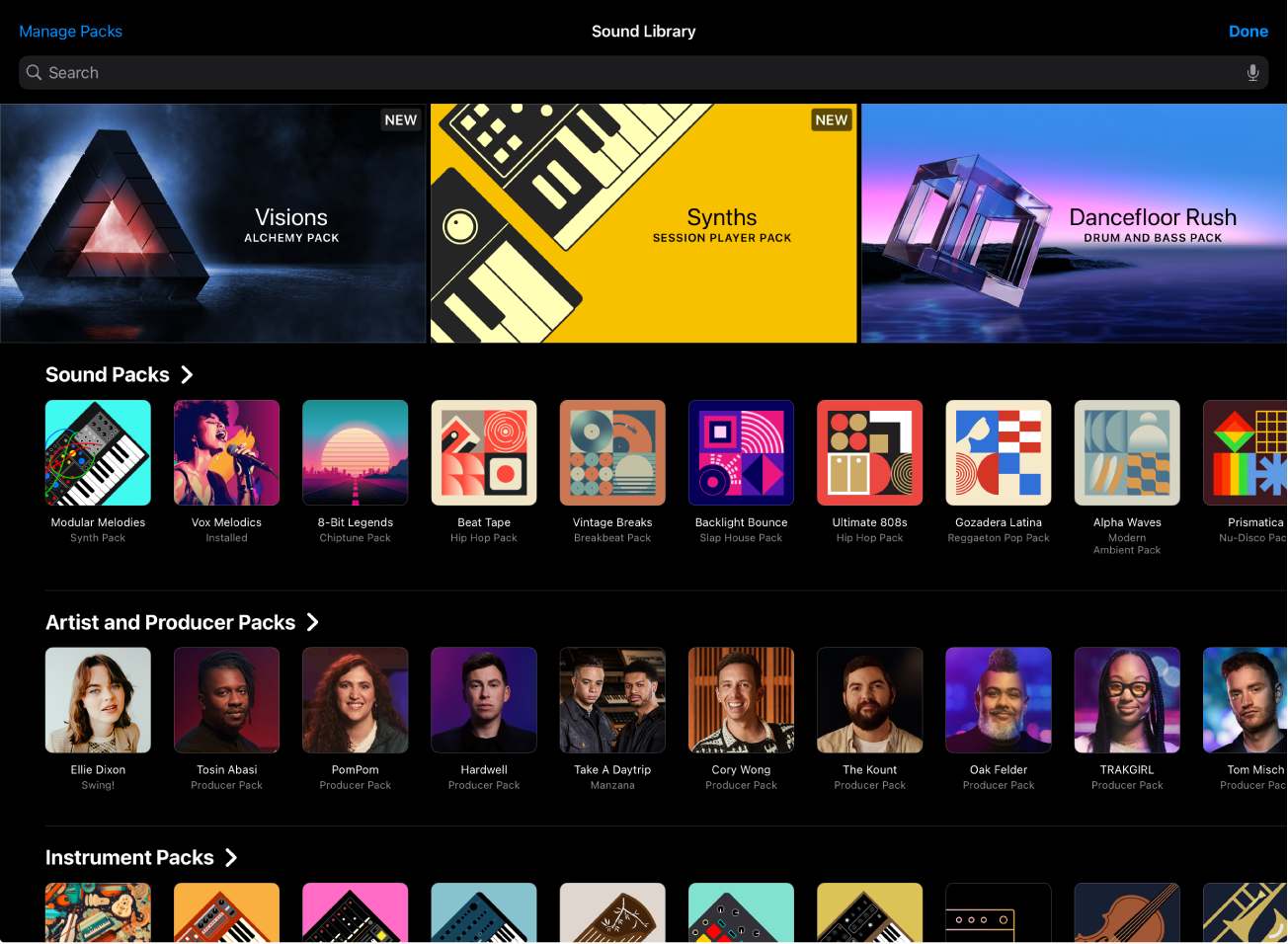 Figure. The Sound Library in Logic Pro for iPad.