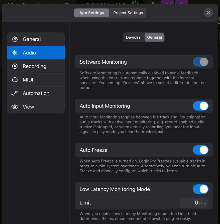 Figure. General Audio settings.
