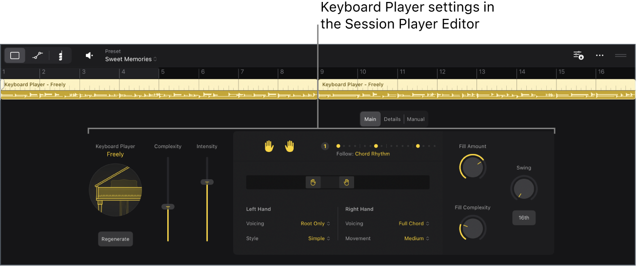 Figure. The Session Player Editor with Keyboard Player settings.