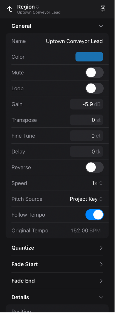 Inspector open showing region parameters.