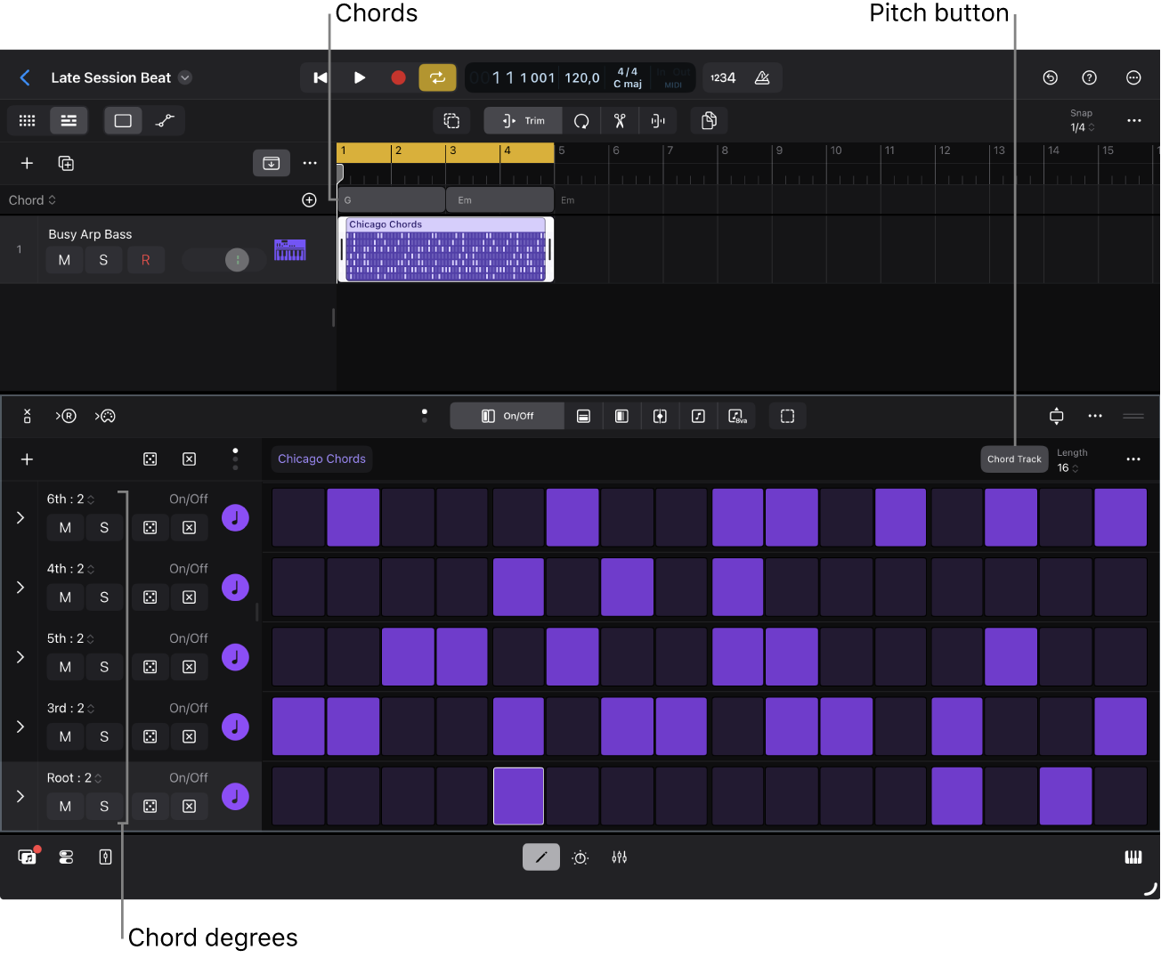 Step Sequencer with the row headers showing chord degrees.