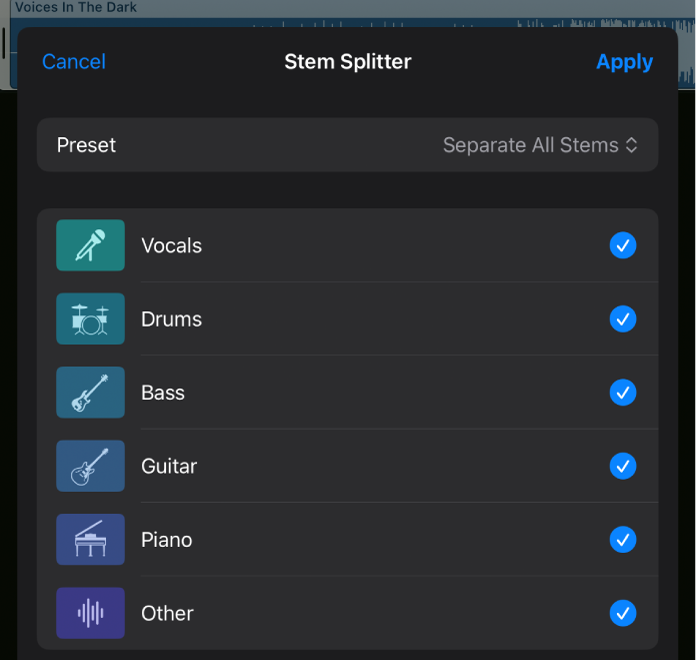 Figure. The Stem Splitter window showing the Preset menu and checkboxes to select or deselect individual stems to extract.