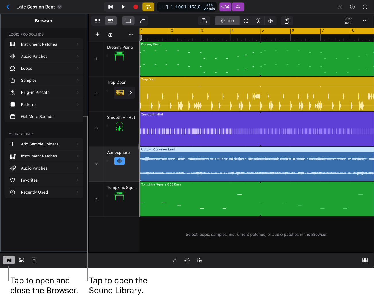 Figure. The Browser in Logic Pro for iPad.