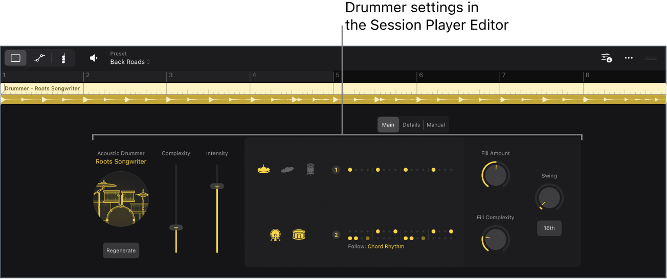 Figure. The Session Player Editor with Drummer settings.