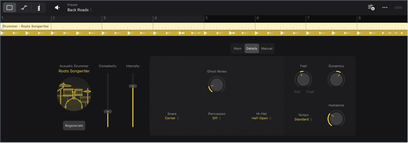 Figure. The Session Player Editor showing the Details view of the acoustic Drummer.