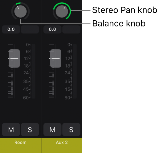 Figure. Channel strips showing balance and stereo pan knobs.