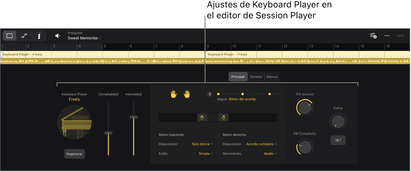 Ilustración. Editor de Session Player con los ajustes de “Keyboard Player”.