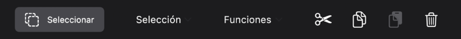 Ilustración. La barra de menús del área Pistas con el botón Seleccionar seleccionado, que muestra los menús Selección y Funciones.