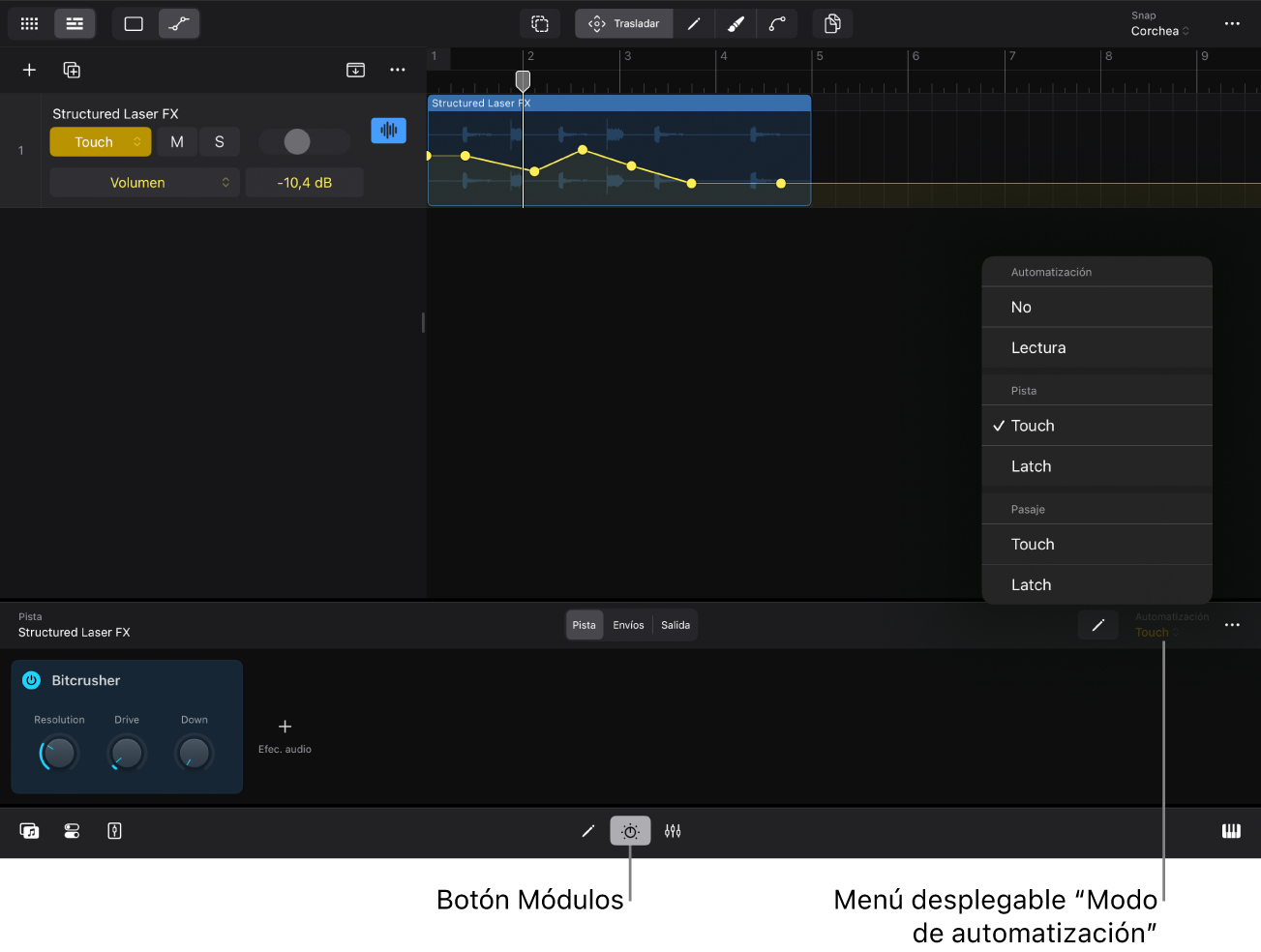 Ilustración. Menú desplegable “Modo de automatización” en el área de módulos.