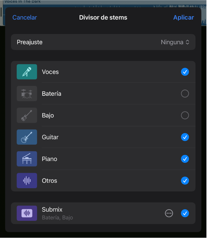 Ilustración. La ventana “Divisor de stems” con stems sin seleccionar y el stem Submezcla al final.