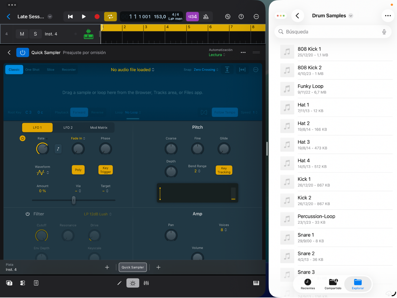 Ilustración. Quick Sampler, junto a la ventana de la app Archivos.