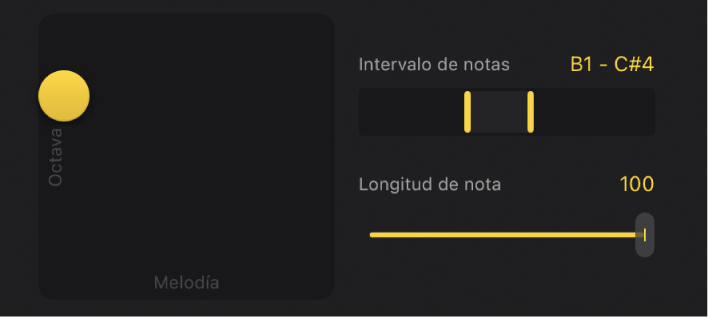 Ilustración. El pad XY y ajustes de nota adicionales para Synth Bass Player.