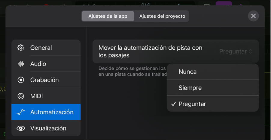 Ilustración. Ajustes de la app Automatización.