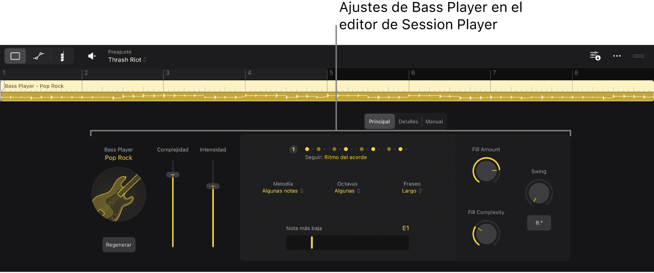 Ilustración. Editor de Session Player con los ajustes de “Bass Player”.