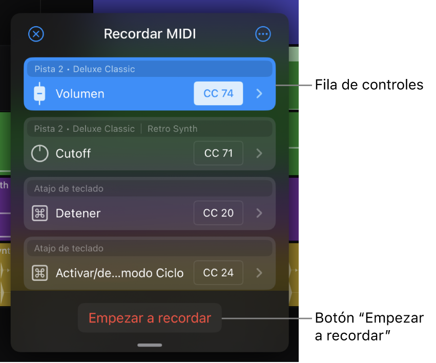 Ilustración. El cuadro de diálogo “Recordar MIDI”, con las filas de control y el botón “Empezar a recordar”.