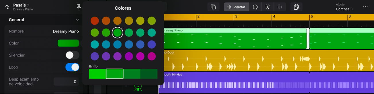 Pasaje seleccionado e inspector abierto, con la paleta Colores abierta.