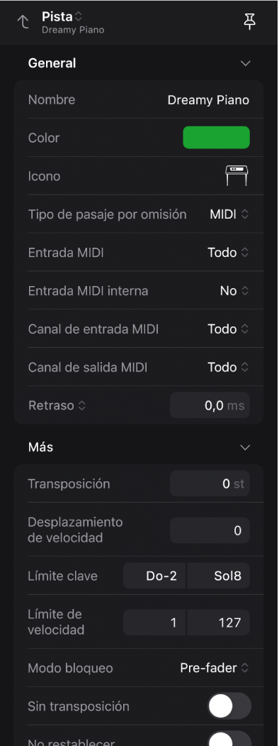 Ilustración. Inspector abierto con la pista seleccionada como nivel de pantalla, que muestra los parámetros de pista.
