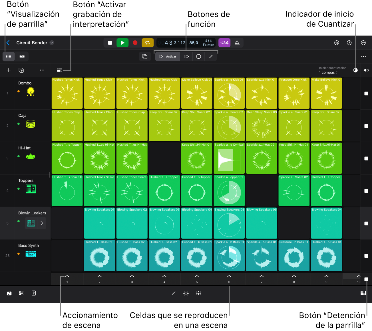 Ilustración. Parrilla de Live Loops con celdas en reproducción.