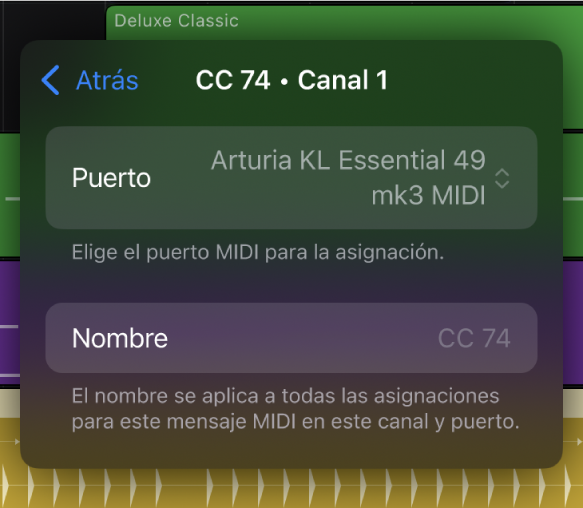 Ilustración. Los ajustes del control MIDI en el cuadro de diálogo “Recordar MIDI”.
