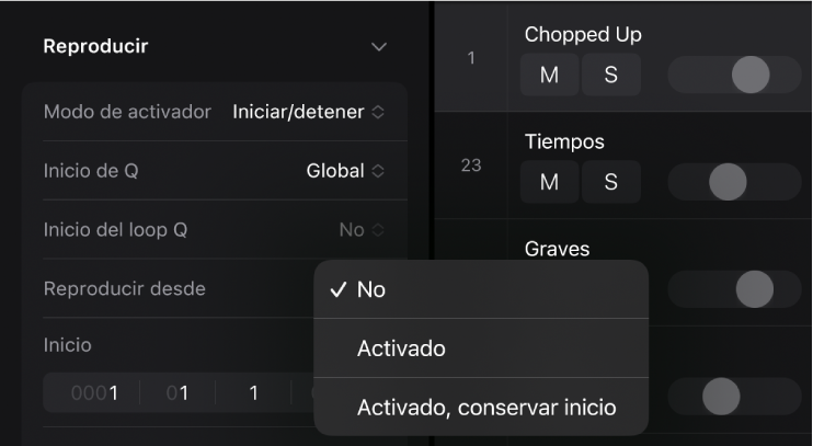 Ilustración. Menú desplegable “Cuantizar inicio de loop” en el inspector de celda.