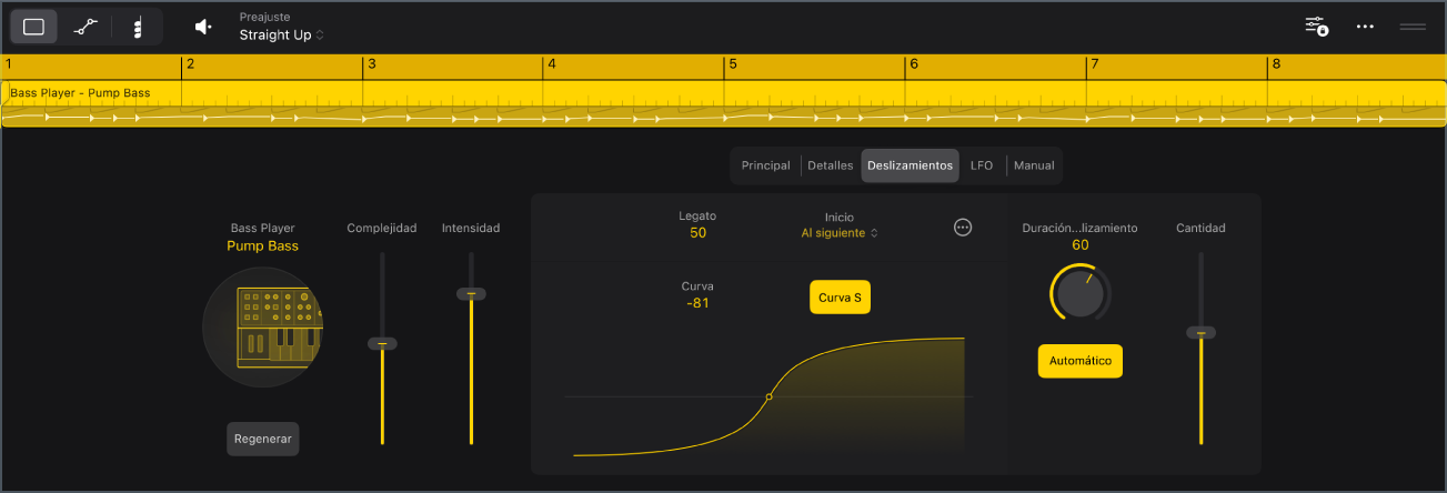 Ilustración. Ajustes de Synth Bass Player en el editor de Session Player.