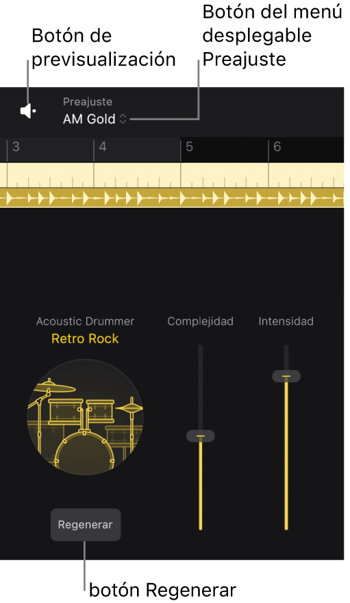Ilustración. El botón Previsualizar, botón del menú desplegable Preajuste y el botón Regenerar del editor de Session Player.