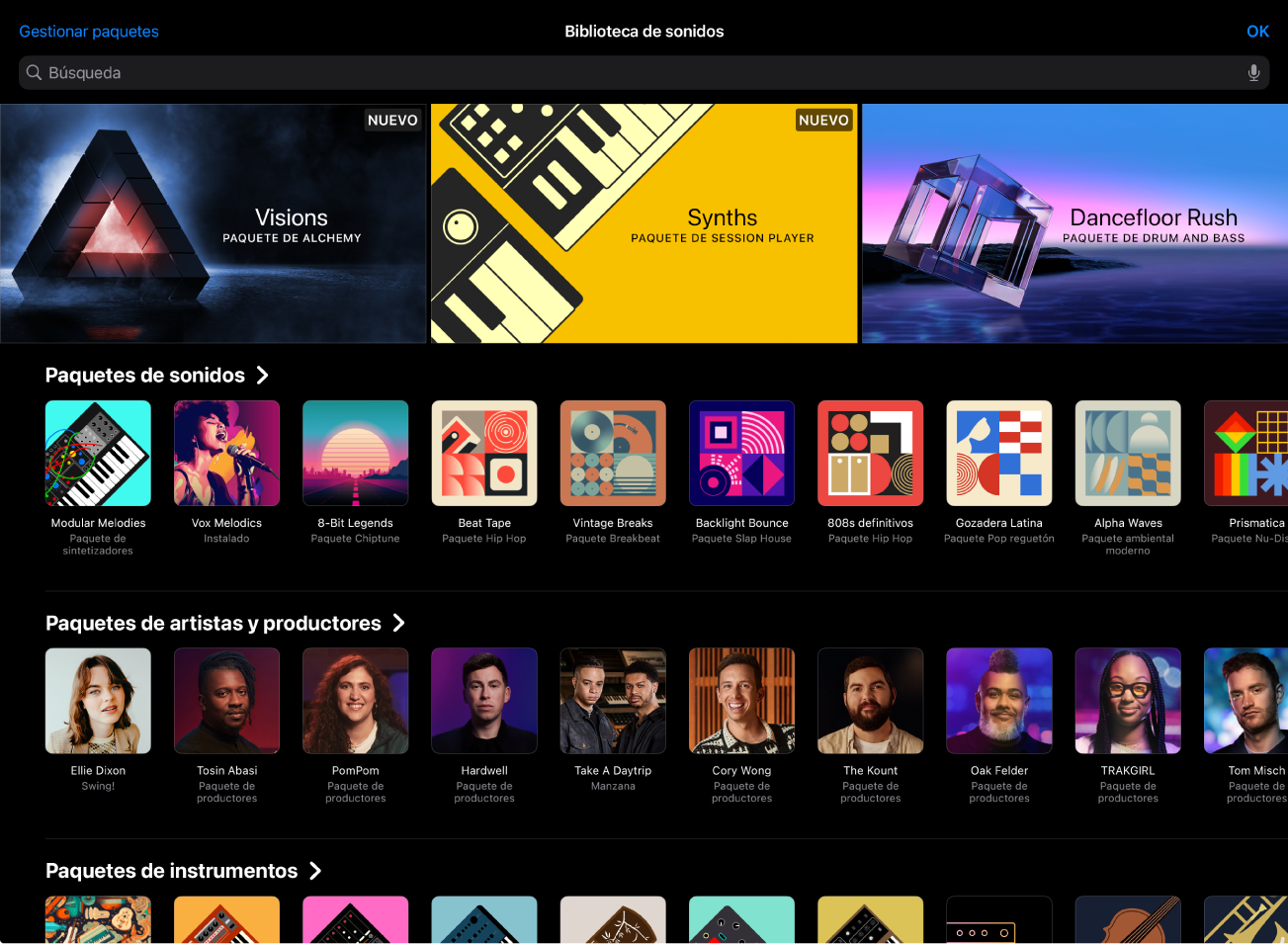 Ilustración. La biblioteca de sonidos de Logic Pro para iPad.