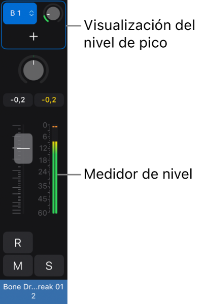 Ilustración. Canal con la visualización del nivel de pico y el medidor de nivel.
