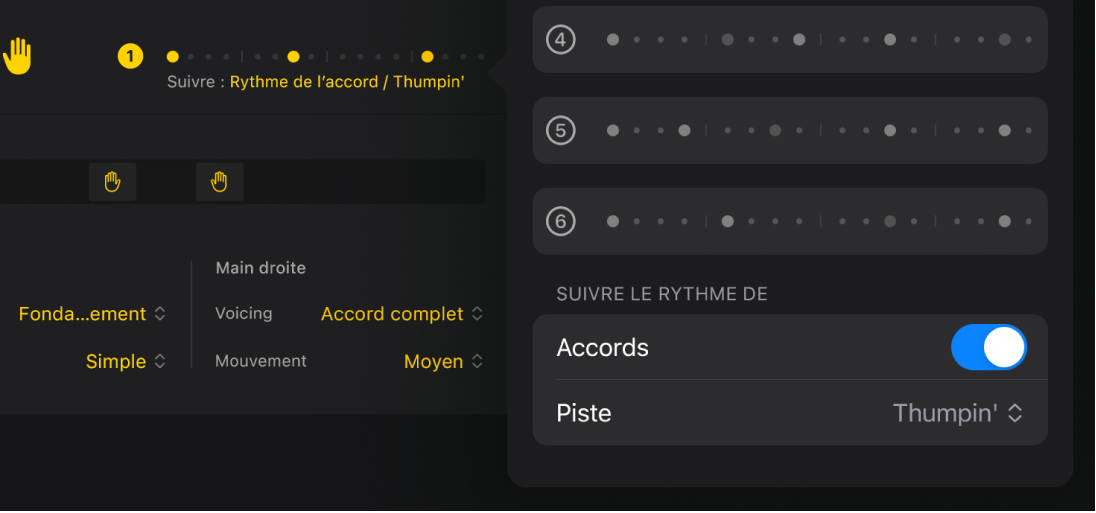 Figure. La section « Suivre le rythme de » du menu Motifs dans l’éditeur de Session Player.