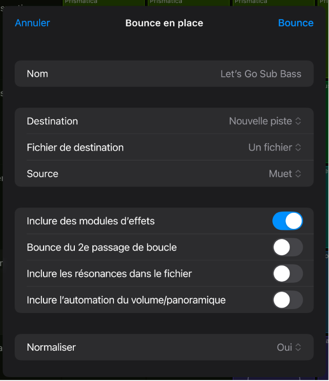 Figure. Zone de dialogue « Bounce des cellules à leur place ».